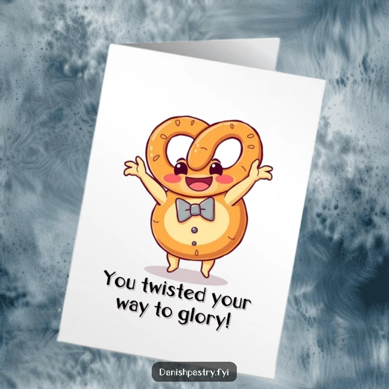 Funny Free Printable Congratulations Card featuring a grinning pretzel doing a somersault, celebrating success.