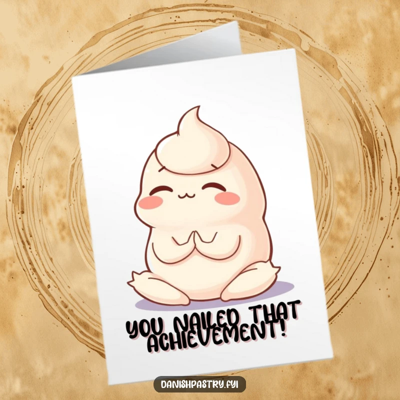 Funny Free Printable Congratulations Card featuring a wobbly panna cotta striking a silly yoga pose with intense focus.