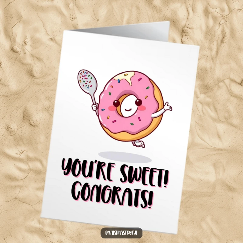 Free Printable Congratulations Card with a smiling donut dancing with a sprinkle spoon, ideal for a joyful DIY celebration.
