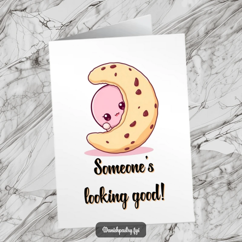 Funny Free Printable Congrats Card: A charming macaroon character peeking curiously from behind a giant cookie, looking excited.