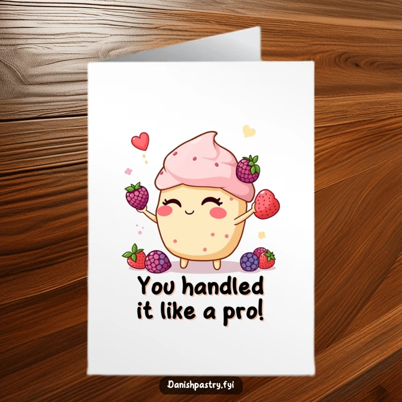 Funny free printable congratulations card showing a winking muffin juggling berries, celebrating success with skill and humor.