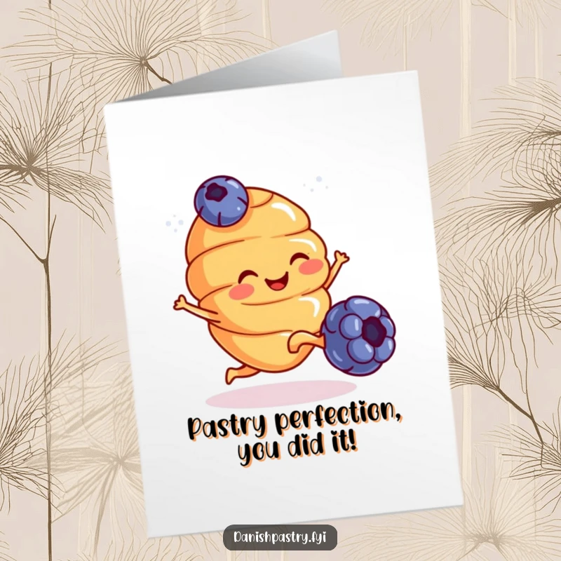 Funny Free Printable Congratulations Card: Energetic croissant on tiny legs excitedly kicks a blueberry, celebrating success.