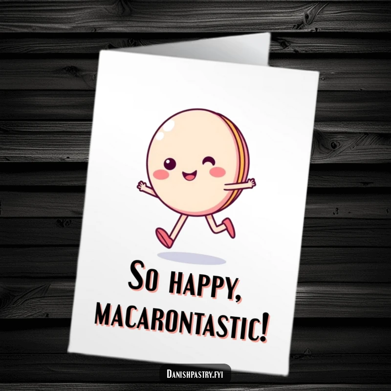 Funny Free Printable Congratulations Card: A smiling macaron skips joyfully, celebrating exciting news.