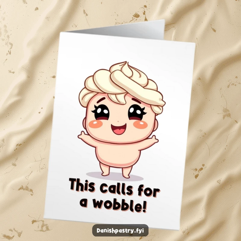 Funny Free Printable Congratulations Card: A smiling Danish pastry with cream hair wobbles joyfully.