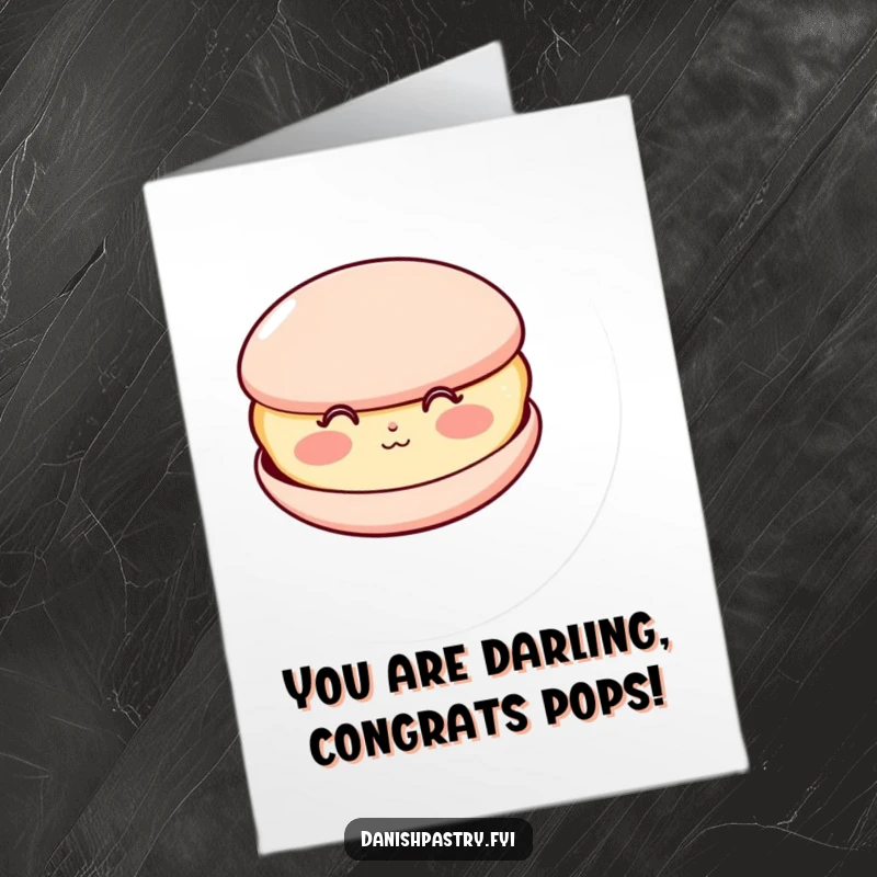 Free Printable Congratulations Card showing a happy macaron with rosy cheeks blowing a kiss, perfect for celebrating success.