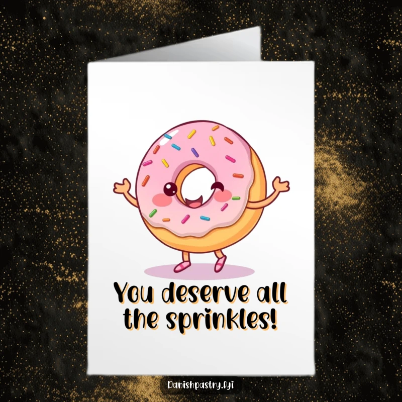 Funny free printable congratulations card with a happy donut dancing with frosting, celebrating achievements.