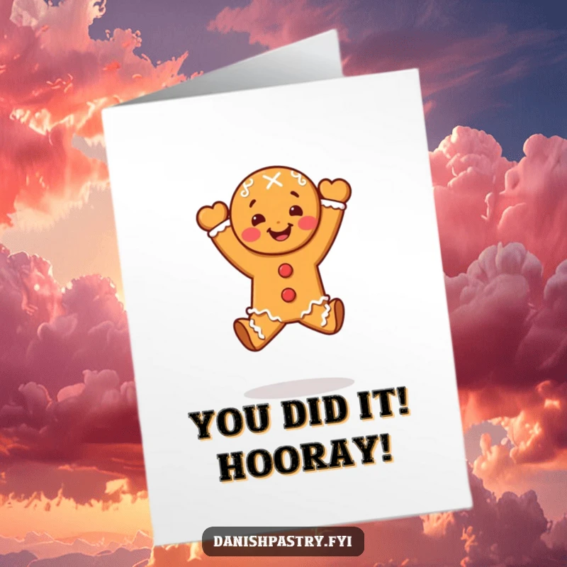 Funny Free Printable Congrats Card: A gingerbread person character captured mid-air in a triumphant celebratory leap.