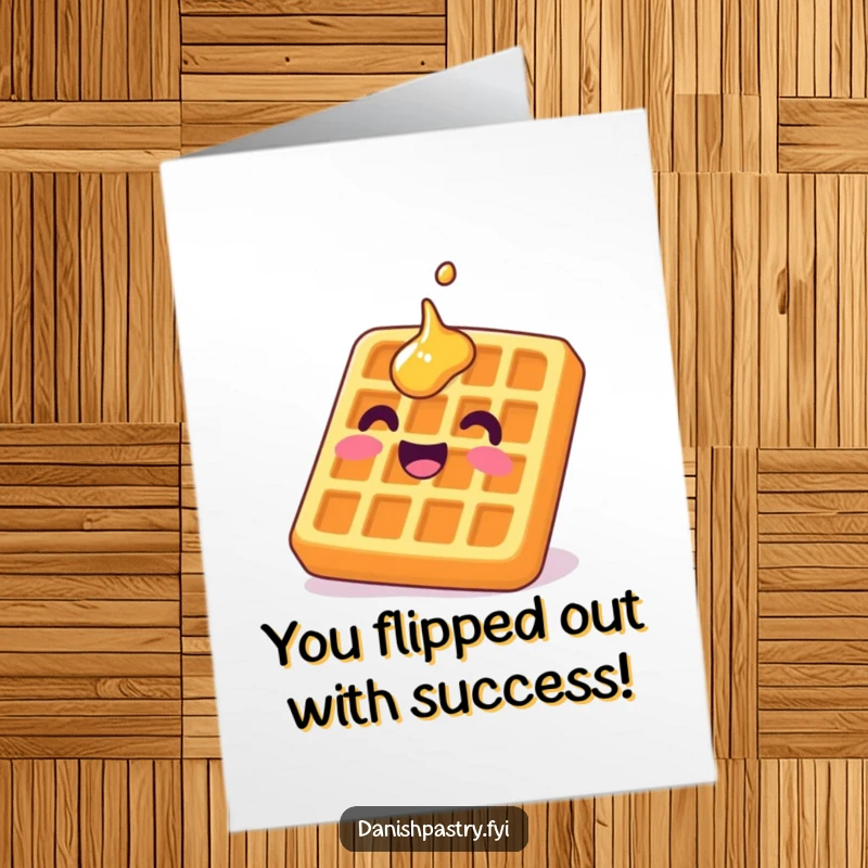 Funny free printable congratulations card of a delighted waffle with syrup grinning upside down, celebrating big.
