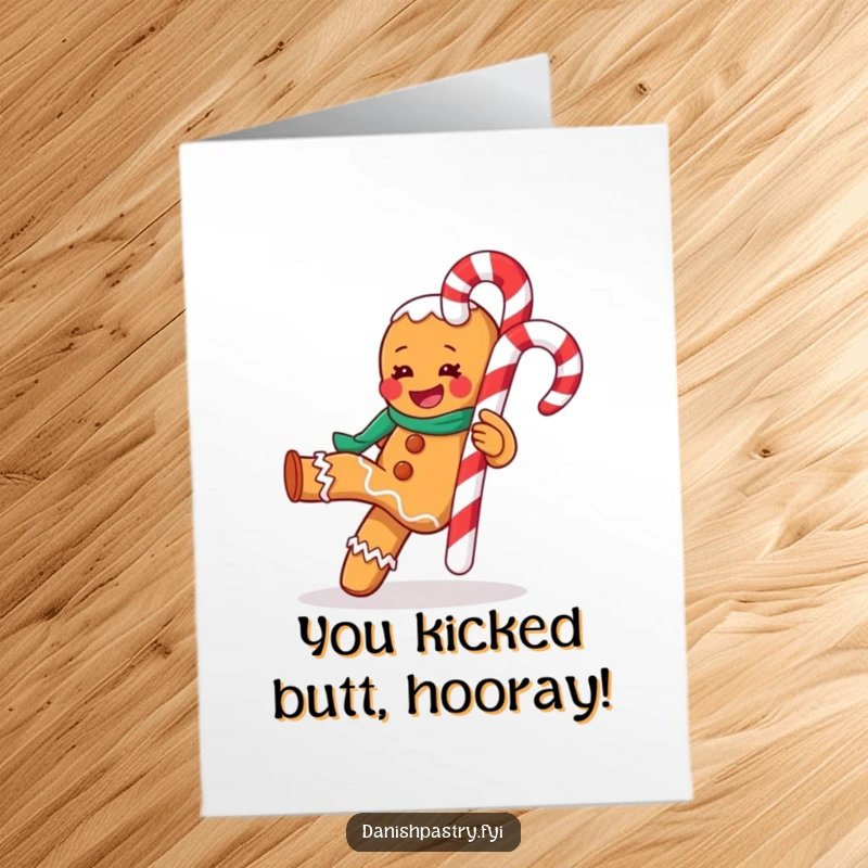 Funny Free Printable Congrats Card: Gingerbread Man Kicking Candy Cane, Victorious & Humorous Downloadable Art
