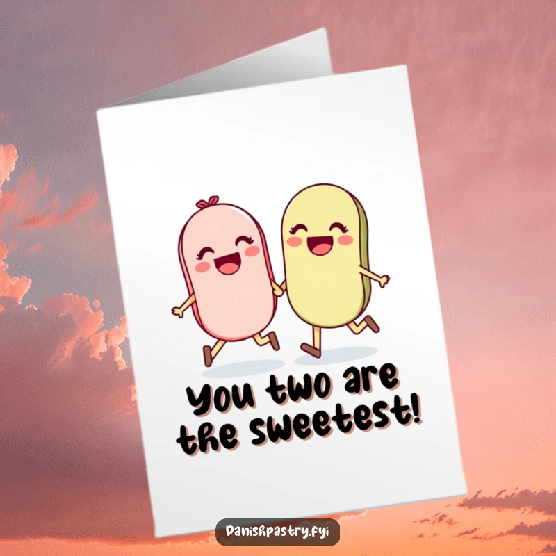 Funny Free Printable Congratulations Card featuring a delighted pair of macarons holding hands and skipping, celebrating success.