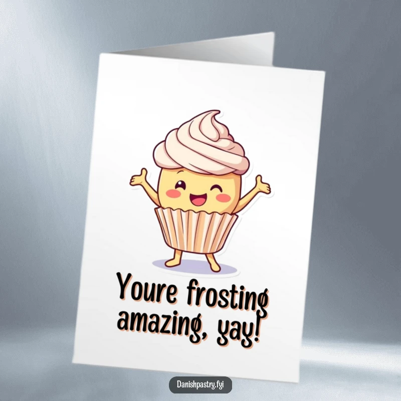 Funny Free Printable Congratulations Card: A happy cupcake with frosting dances playfully to celebrate an achievement.