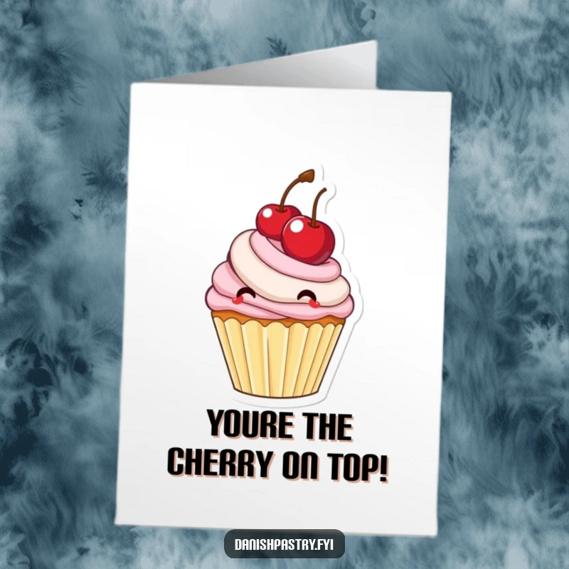 Funny Free Printable Congratulations Card showing a happy cupcake bouncing a cherry, celebrating a win.