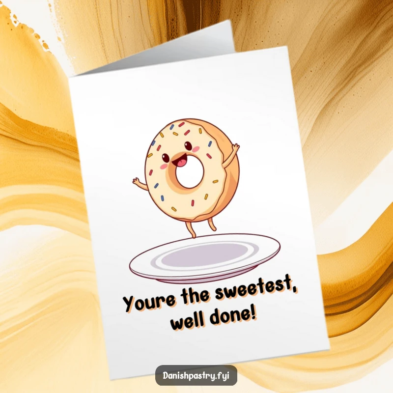 Funny Free Printable Congratulations Card: A happy donut with sprinkles does a cartwheel on a plate, expressing joy.