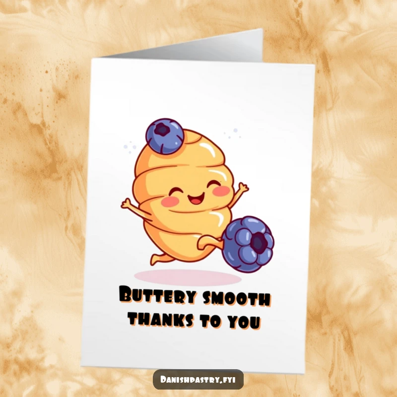 Funny Free Printable Thank You Card: A happy croissant with little legs kicks a blueberry, expressing thanks.