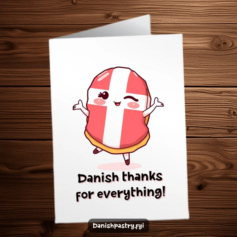 Funny Free Printable Thank You Card: A Danish flag pastry winks suggestively while doing a playful pirouette to say thanks.