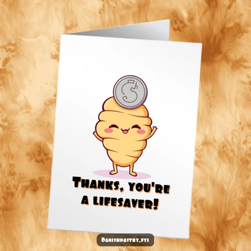 Funny Free Printable Thank You Card of a mischievous croissant character flipping a coin, a unique DIY thank you.