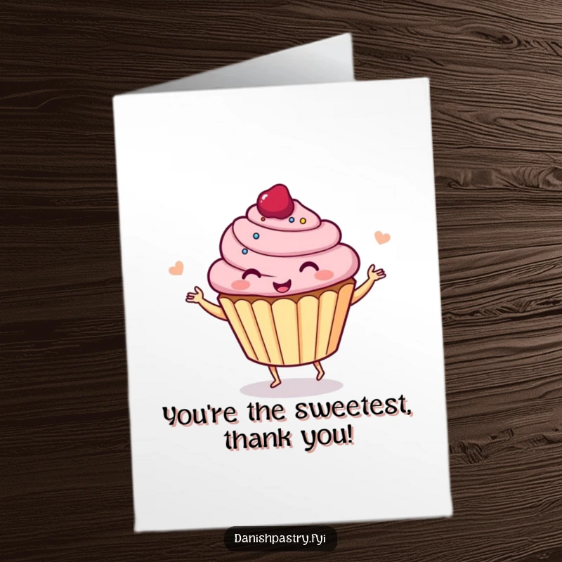 Funny free printable thank you card with a giggling cupcake dancing happily, conveying sincere thanks with a smile.