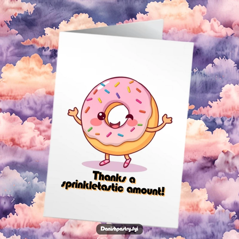Funny free printable thank you card featuring a cheerful donut dancing with frosting, expressing thanks with sweetness.