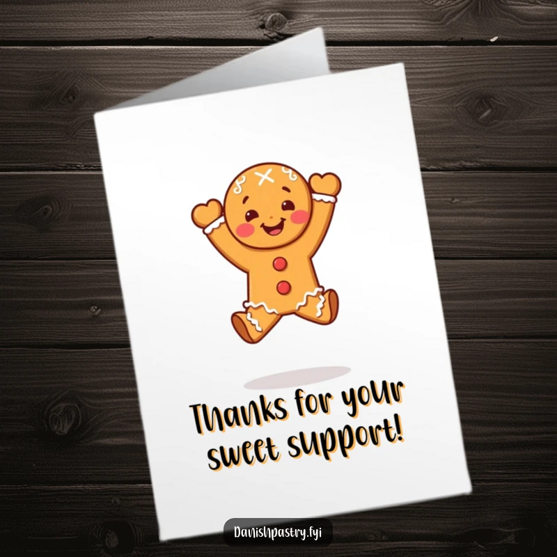 Funny Free Printable Thank You Card: A gingerbread person character joyfully leaping to express sincere thanks.