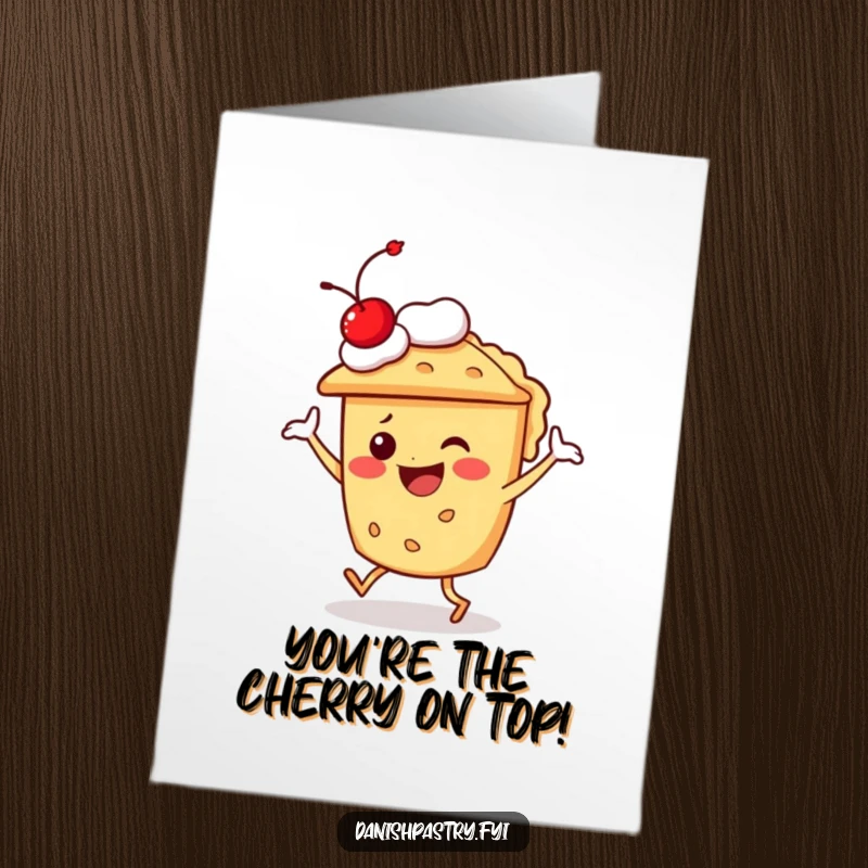Funny Free Printable Thank You Card: A happy pie character with a cherry on top doing a fun dance to express thanks.