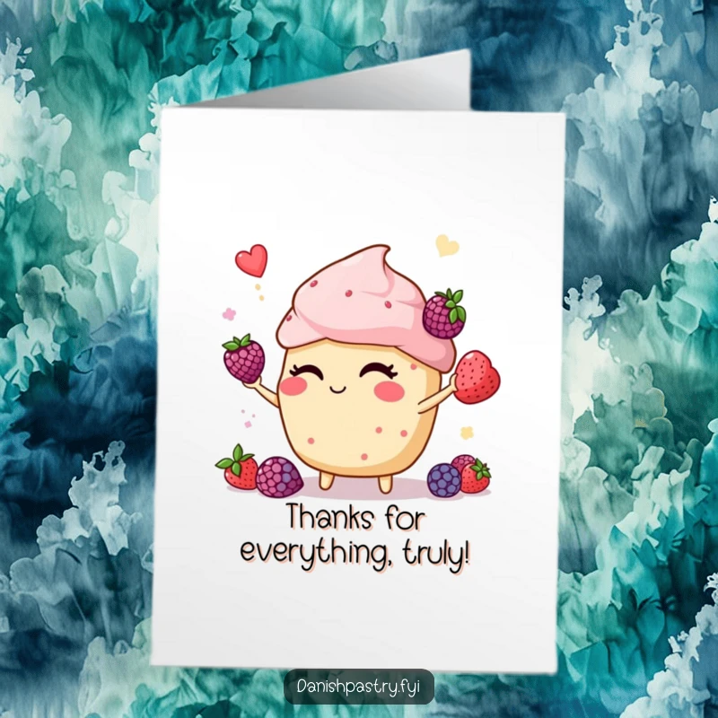 Funny free printable thank you card with a winking muffin juggling berries, expressing gratitude with a playful touch.