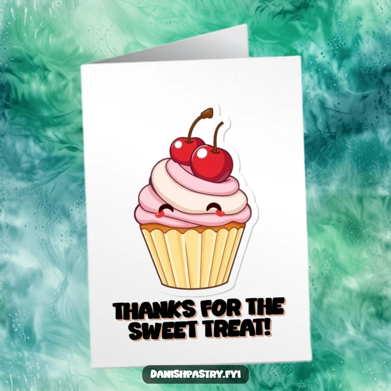 Funny Free Printable Thank You Card of a delighted cupcake bouncing a cherry, expressing sweet thanks.