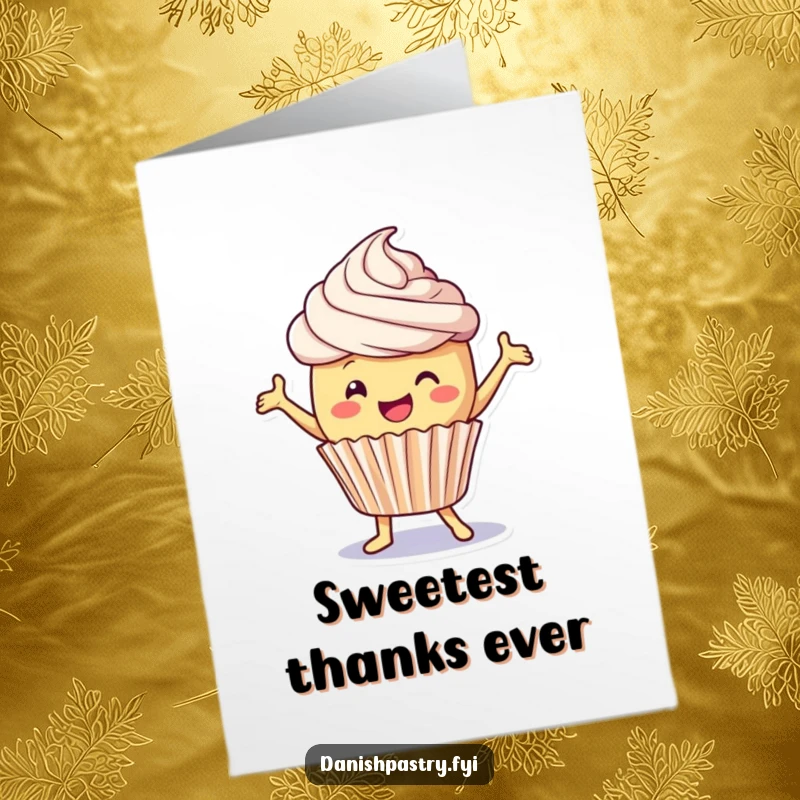 Funny Free Printable Thank You Card: A delighted cupcake with frosting dances playfully, expressing sincere thanks.