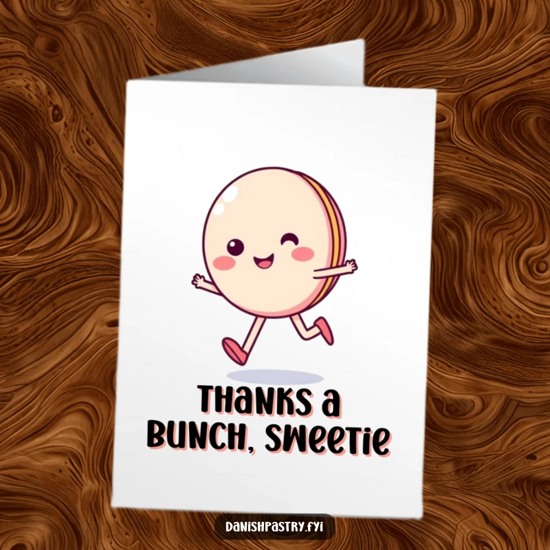 Funny Free Printable Thank You Card: A smiling macaron skips happily, showing gratitude with sweetness.