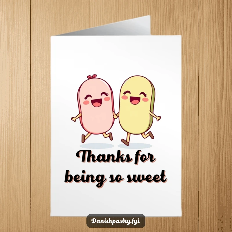 Funny Free Printable Thank You Card with two happy macarons holding hands and skipping, conveying sweet thanks.