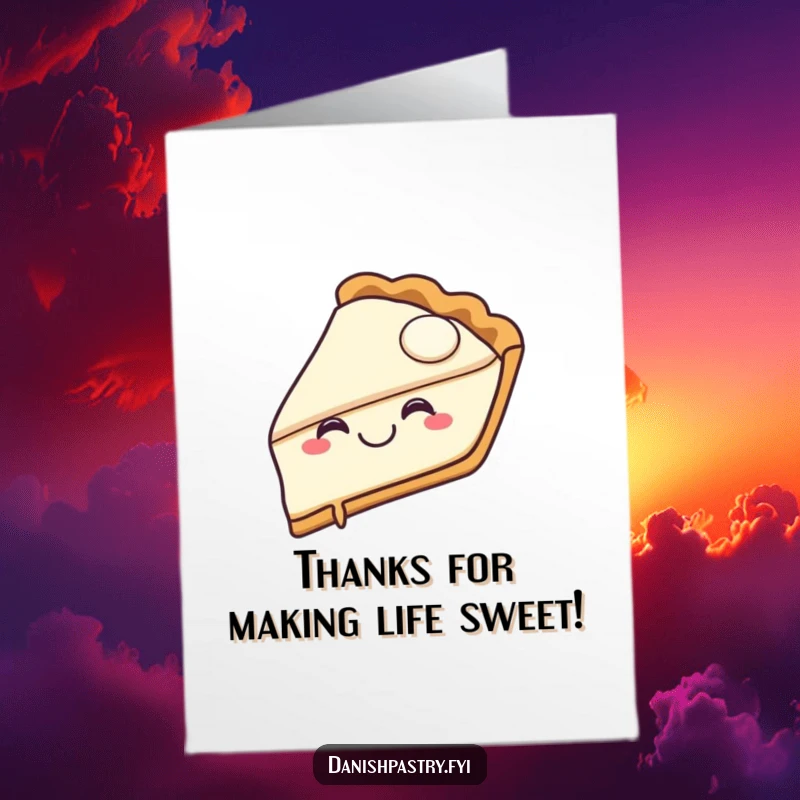 Funny free printable thank you card of a joyful pie slice with a happy grin taking a bite, expressing thanks.