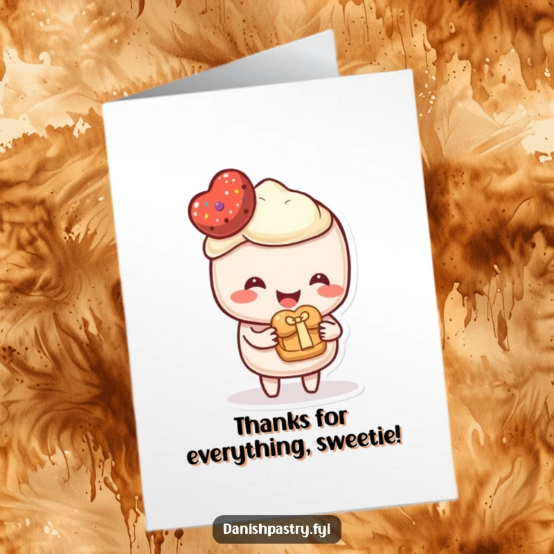 Funny Free Printable Thank You Card featuring a happy pastry character kindly offering a tiny pastry as a token of appreciation.