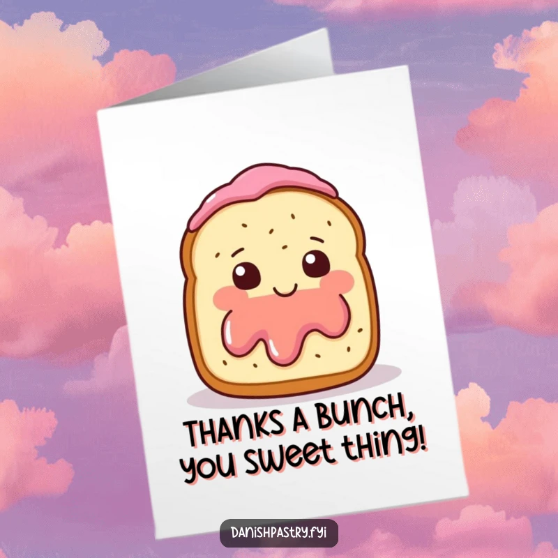 Funny Free Printable Thank You Card: A blushing scone with jam waves shyly, offering a sweet and comical thank you.