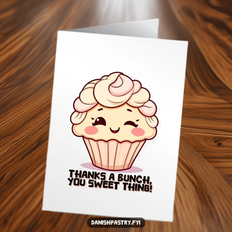 Funny Free Printable Thank You Card featuring a winking cupcake with swirly frosting hair, ideal for sweet appreciation.