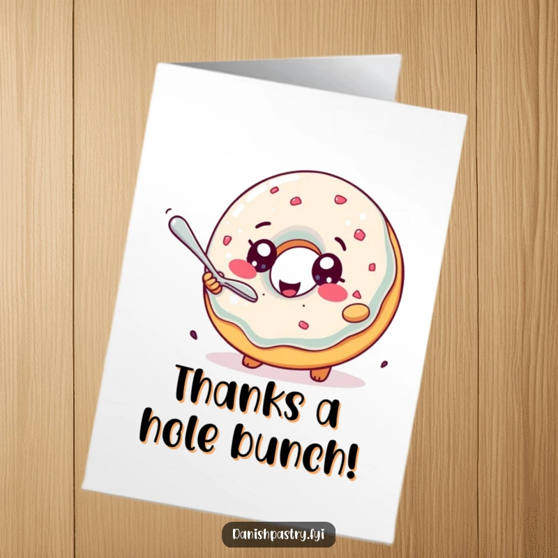 Funny Free Printable Thank You Card depicting a delighted jelly donut with sparkling eyes in pursuit of a tiny spoon.