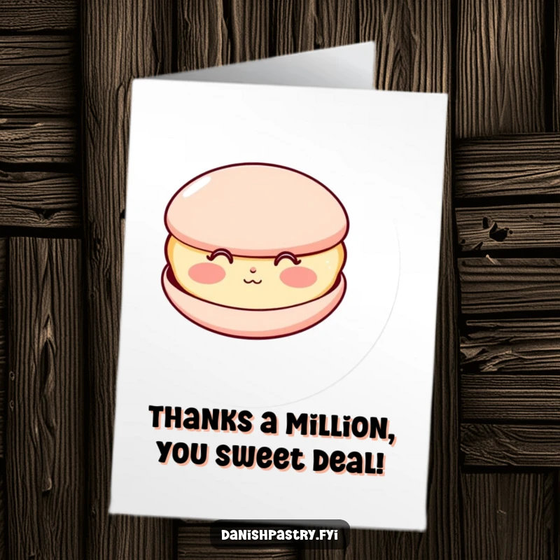 Funny Free Printable Thank You Card of a rosy-cheeked macaron blowing a kiss, conveying sweet appreciation.