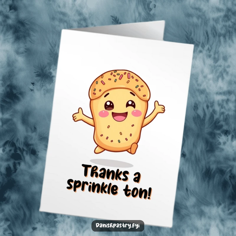Funny Free Printable Thank You Card: A smiling, sprinkle-covered Danish pastry performing an excited leap to express gratitude.