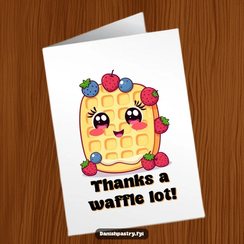 Funny Free Printable Thank You Card: A cheerful waffle with wide eyes expertly juggles small berries in thanks.
