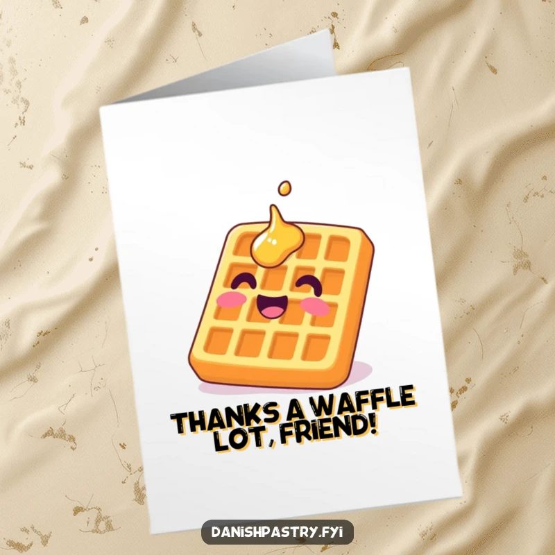 Funny free printable thank you card of a delighted waffle with syrup grinning upside down, offering syrup-filled thanks.