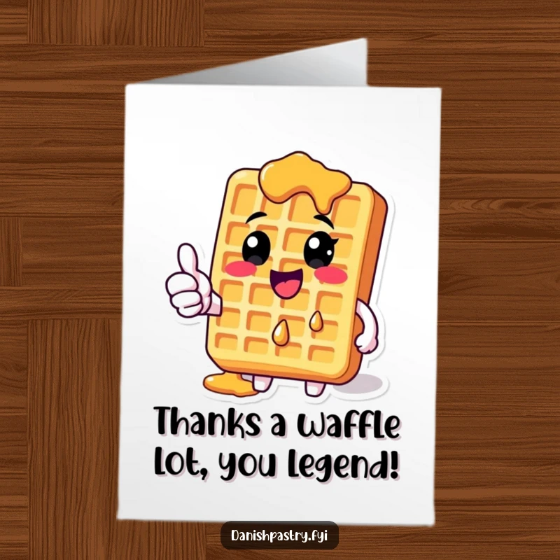 Funny Free Printable Thank You Card: A smiling Waffle dripping syrup, giving a thumbs-up gesture.