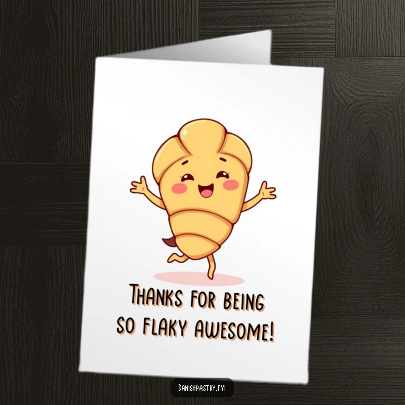 Funny Free Printable Thank You Card showing a delighted almond croissant character doing a happy jig, perfect for expressing thanks.