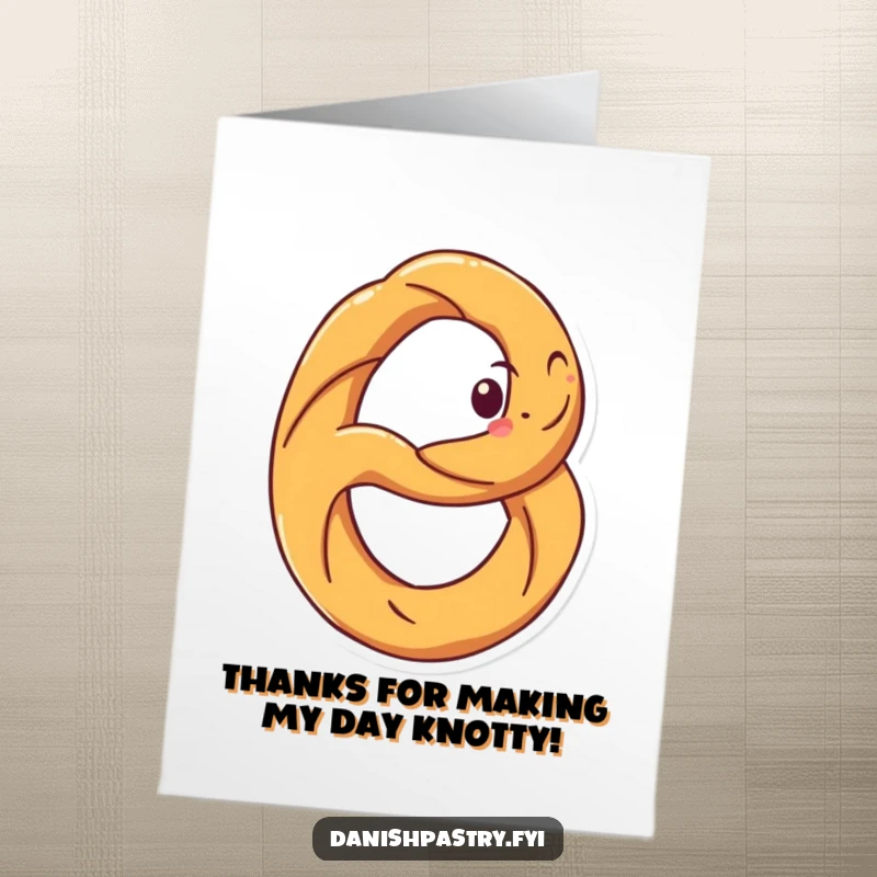 Funny free printable thank you card of a happy pretzel spinning with a grin, showing thanks in a unique way.