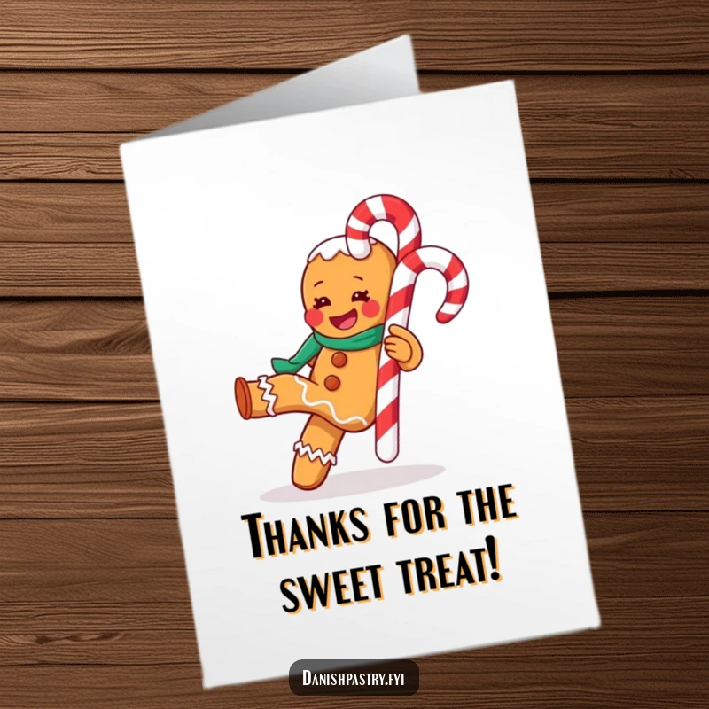 Funny Free Printable Thank You Card: Gingerbread Man Kicking Candy Cane, Joyful Gratitude Downloadable Art
