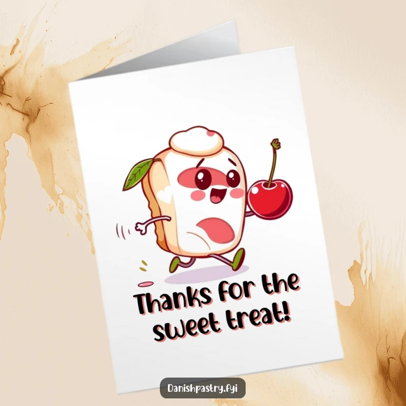 Funny Free Printable Thank You Card: Comical Danish pastry character in hot pursuit of a runaway cherry, a charming download.