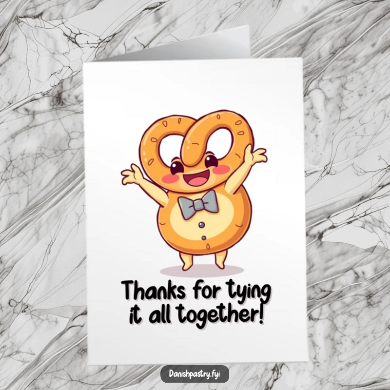 Funny Free Printable Thank You Card of a grinning pretzel doing a somersault, expressing thanks.
