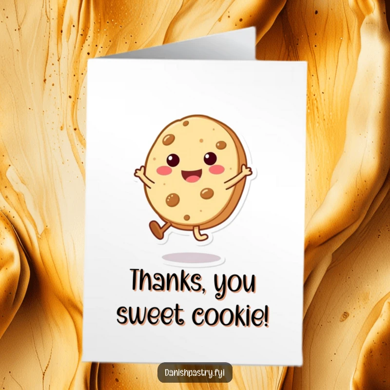 Funny free printable thank you card featuring a smiling cookie character doing a small, happy cartwheel.