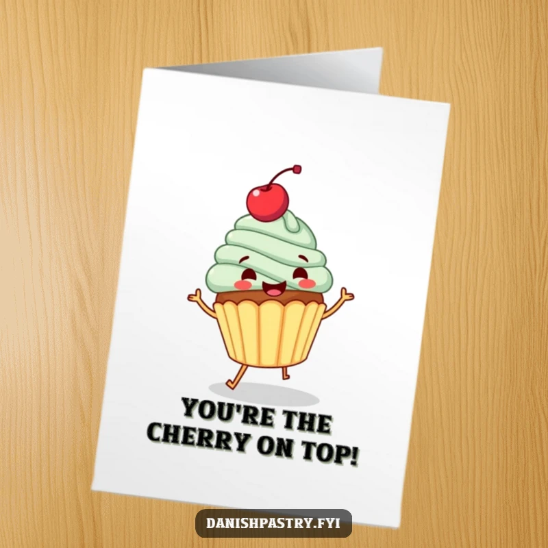 Funny free printable thank you card of a happy cupcake with a cherry, doing a joyful jig to say thanks.
