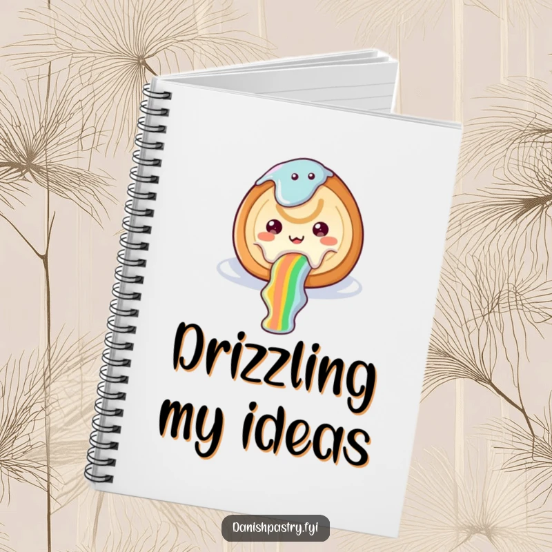 Funny cinnamon roll notebook with icing sliding down a rainbow, perfect for whimsical and humorous note-taking.