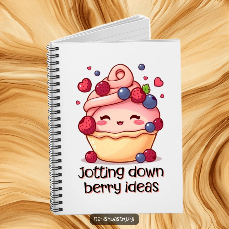 Funny notebook cover with a blushing pastry character juggling berries, designed to inspire creativity and laughter.