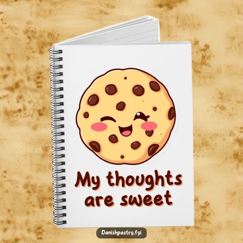 Funny notebook with a giggling chocolate chip cookie winking, designed for jotting down notes with a humorous and sweet touch.
