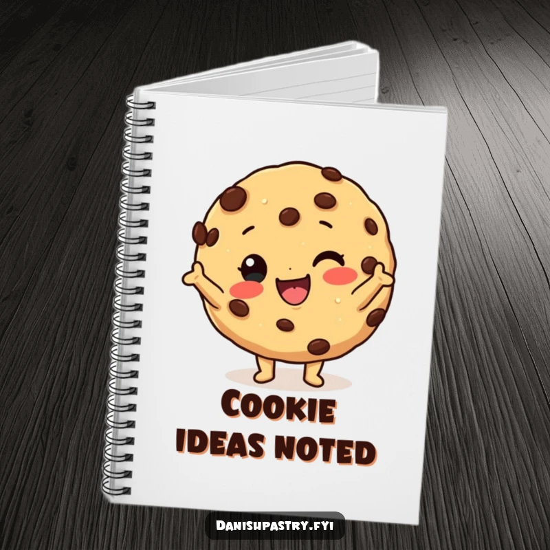 Funny cookie notebook with a happy cookie character with chocolate chips striking a silly pose, perfect for humorous note-taking.